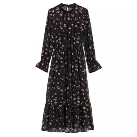 Banana Republic ClipDot Black Floral Chiffon Midi Dress - Picture 1 of 12